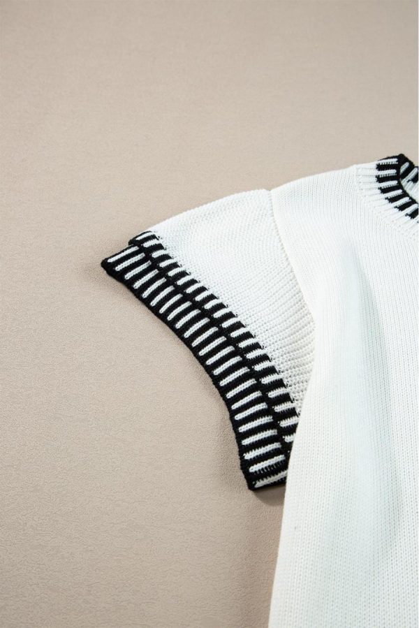 Women Knit Tops | White Contrast Trim Round Neck Batwing Sleeve Knitted T Shirt - Image 5