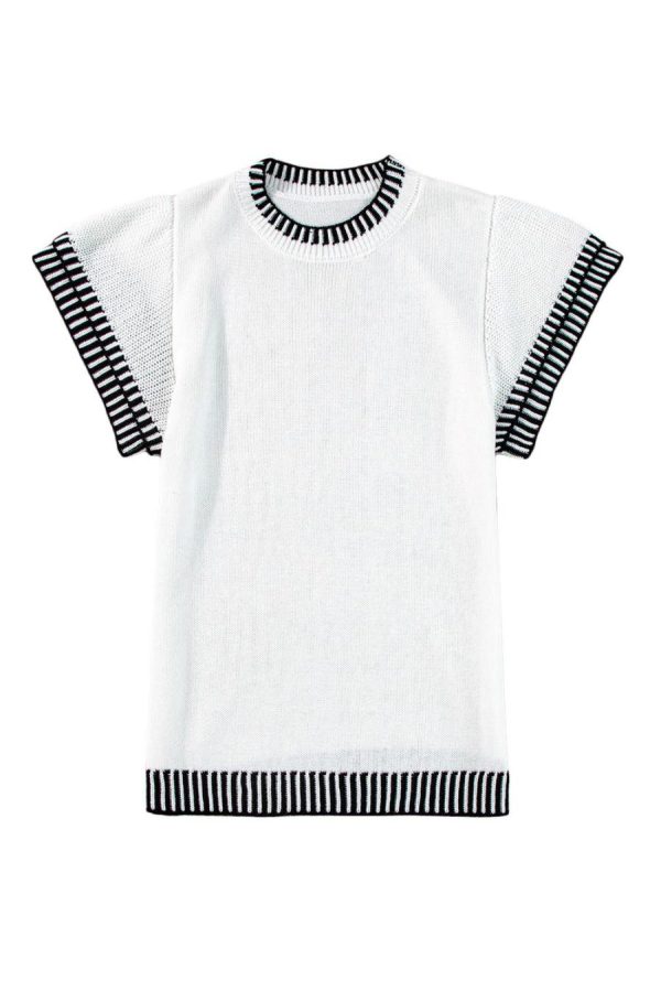 Women Knit Tops | White Contrast Trim Round Neck Batwing Sleeve Knitted T Shirt - Image 7