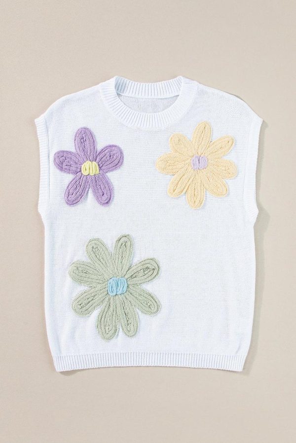 Women Knit Tops | White Flower Patch Knit Round Neck Tee - Image 4