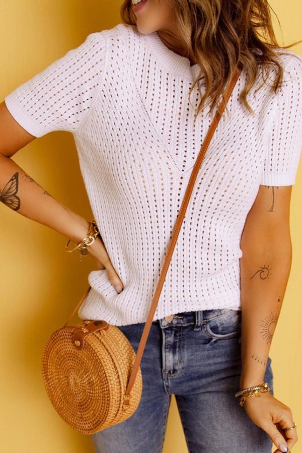 Women Knit Tops | White Hollow Out Crewneck Short Sleeve Knitted Top