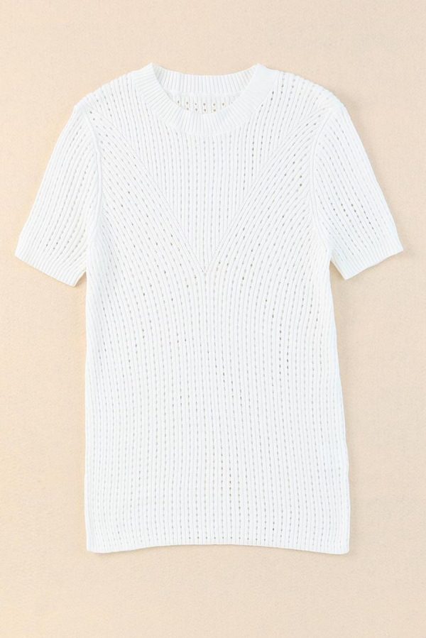 Women Knit Tops | White Hollow Out Crewneck Short Sleeve Knitted Top - Image 2
