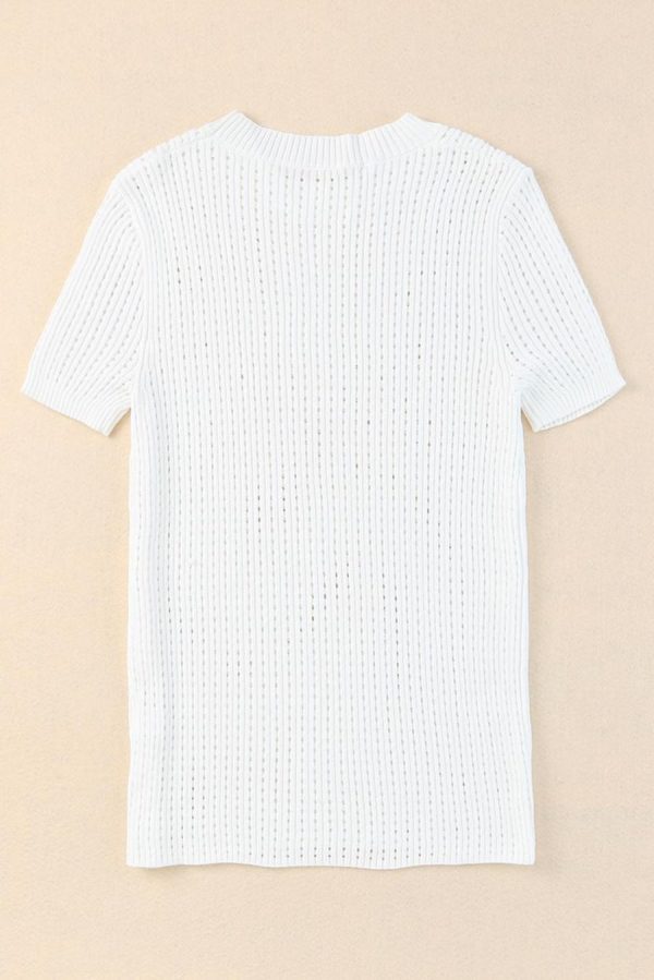 Women Knit Tops | White Hollow Out Crewneck Short Sleeve Knitted Top - Image 3