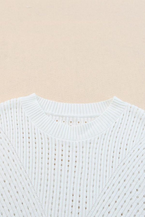 Women Knit Tops | White Hollow Out Crewneck Short Sleeve Knitted Top - Image 4