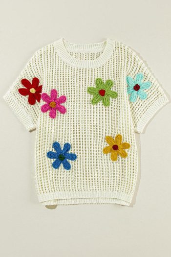 Women Knit Tops | White Hollowed Crochet Colorful Flower Loose Knit T Shirt