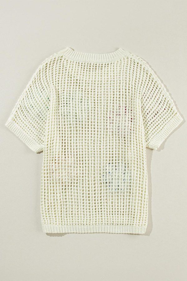 Women Knit Tops | White Hollowed Crochet Colorful Flower Loose Knit T Shirt - Image 2