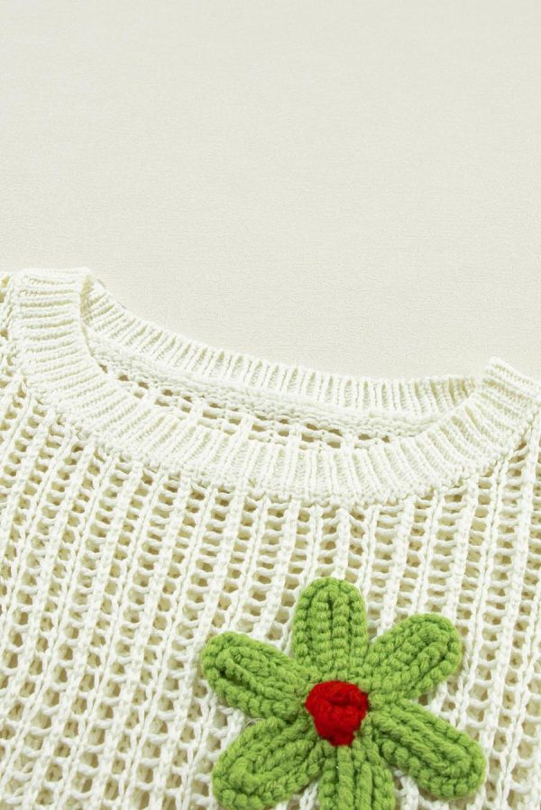 Women Knit Tops | White Hollowed Crochet Colorful Flower Loose Knit T Shirt - Image 3