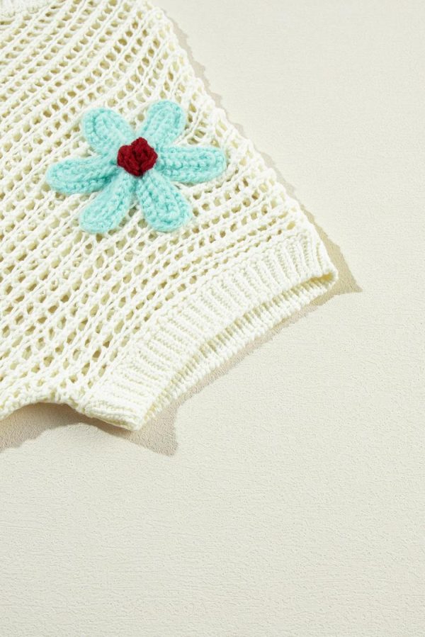 Women Knit Tops | White Hollowed Crochet Colorful Flower Loose Knit T Shirt - Image 4