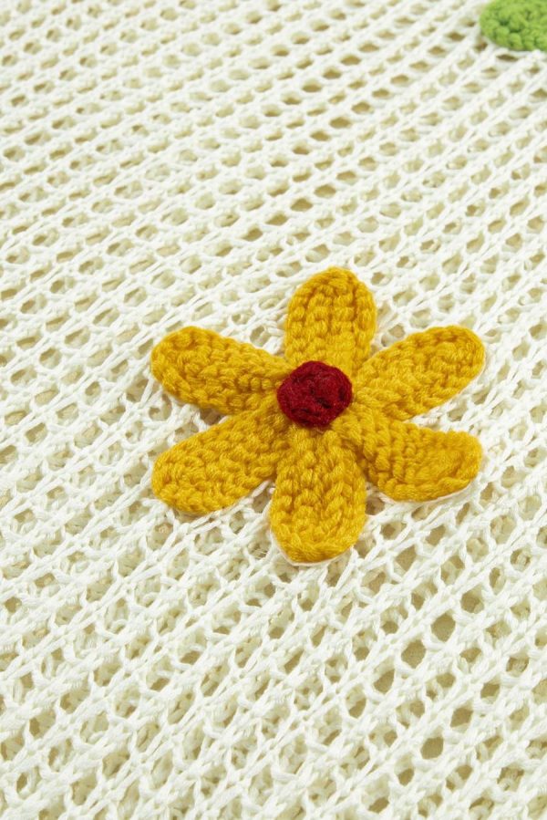 Women Knit Tops | White Hollowed Crochet Colorful Flower Loose Knit T Shirt - Image 5