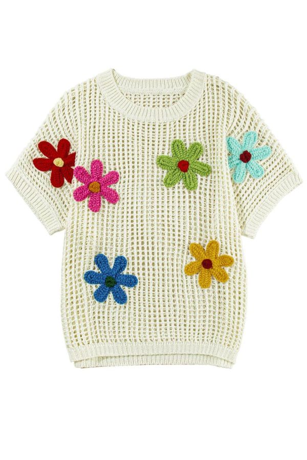 Women Knit Tops | White Hollowed Crochet Colorful Flower Loose Knit T Shirt - Image 7