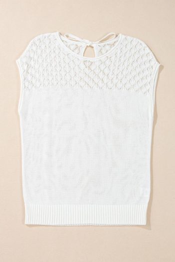 Women Knit Tops | White Plain Knotted Back Crochet Knit Top