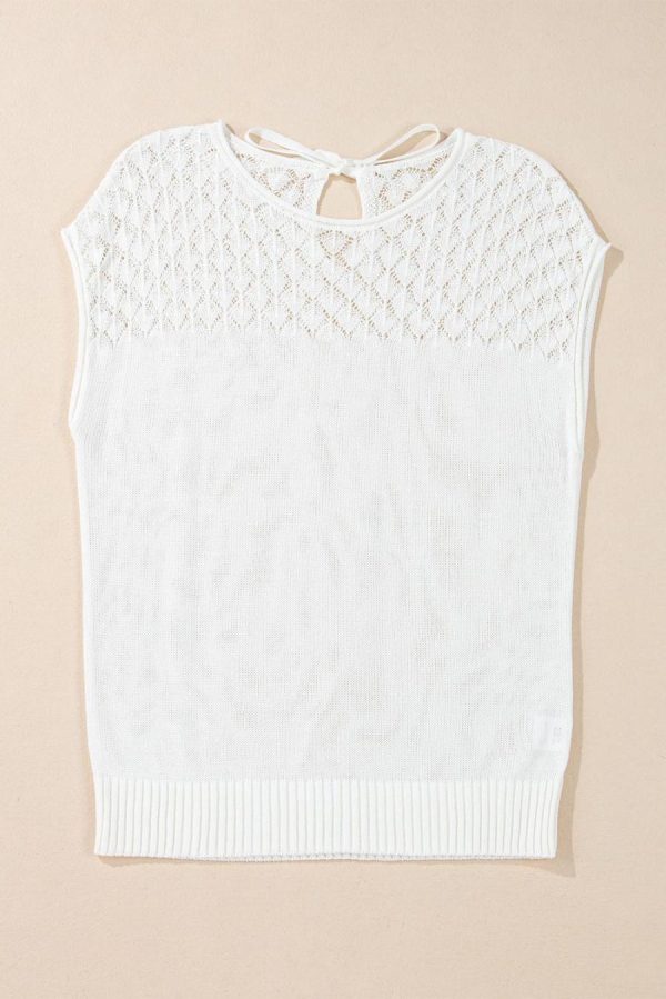 Women Knit Tops | White Plain Knotted Back Crochet Knit Top