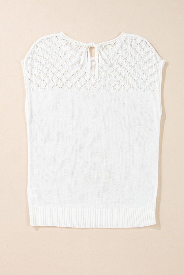 Women Knit Tops | White Plain Knotted Back Crochet Knit Top - Image 2
