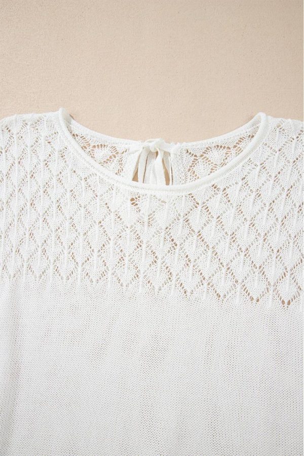 Women Knit Tops | White Plain Knotted Back Crochet Knit Top - Image 3