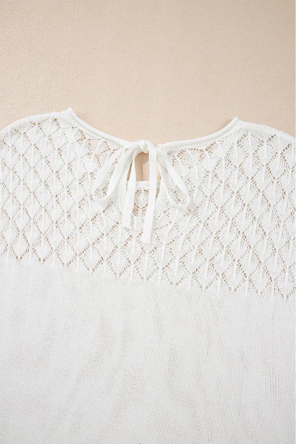Women Knit Tops | White Plain Knotted Back Crochet Knit Top - Image 4