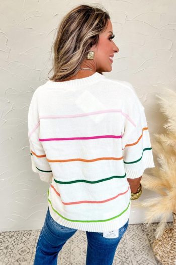 Women Knit Tops | White Striped Half Sleeve Drop Shoulder Sweater