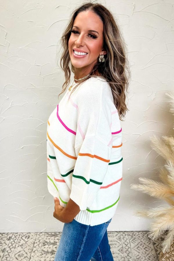 Women Knit Tops | White Striped Half Sleeve Drop Shoulder Sweater - Image 2
