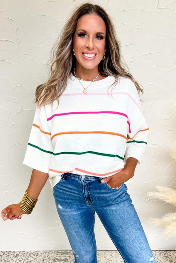 Women Knit Tops | White Striped Half Sleeve Drop Shoulder Sweater - Image 3
