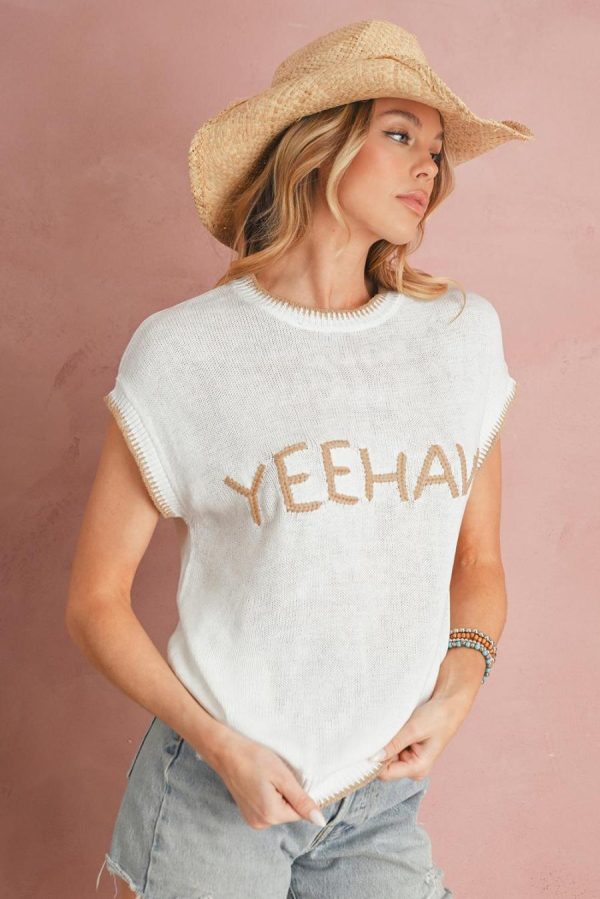 Women Knit Tops | White Yeehaw Contrast Stitch Edge Knit Top - Image 2