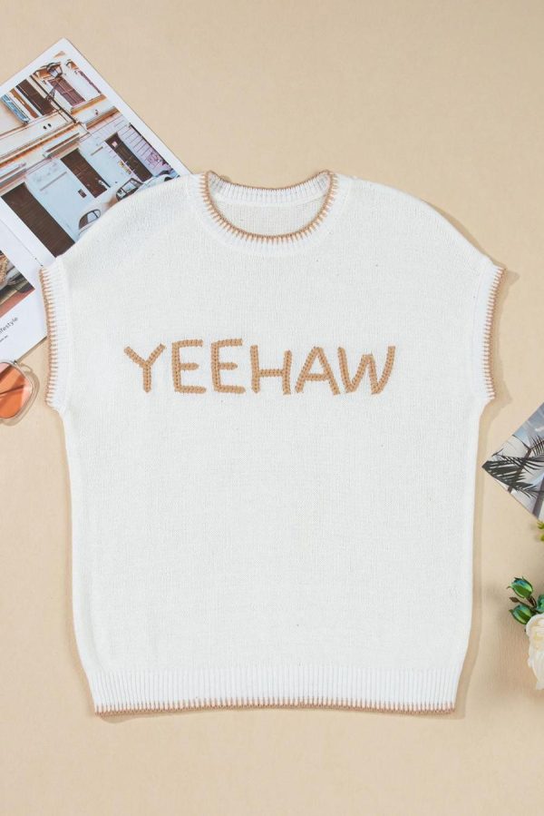 Women Knit Tops | White Yeehaw Contrast Stitch Edge Knit Top - Image 6