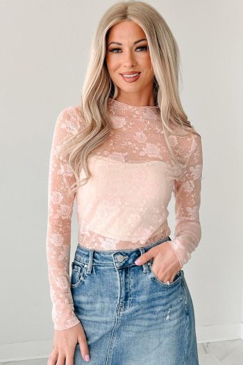 Women Long Sleeve Tops | Apricot Pink Mock Neck Floral Lace Mesh Long Sleeve Top