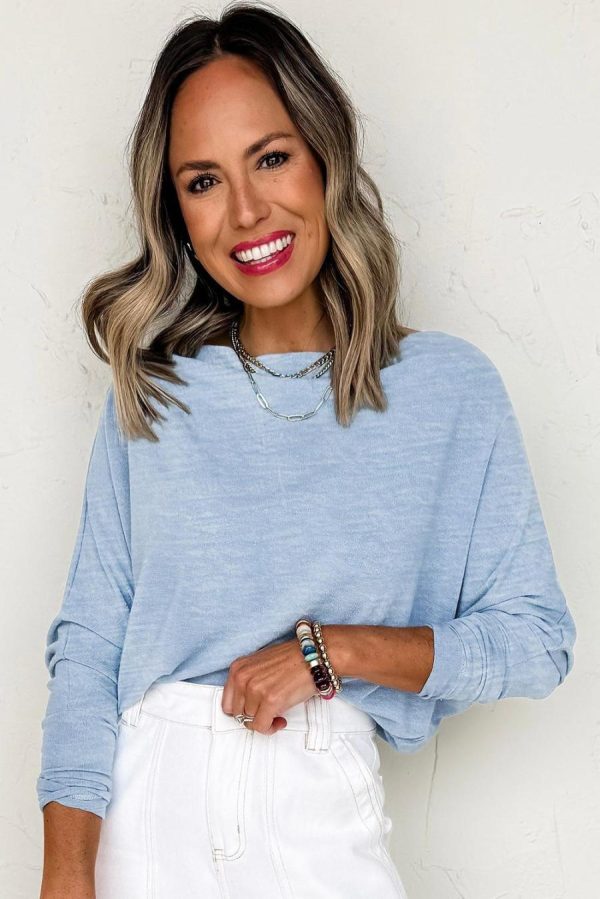 Women Long Sleeve Tops | Beau Blue Solid Color Boat Neck Batwing Long Sleeve Top - Image 2