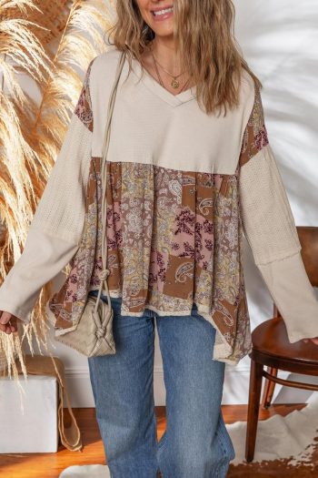Women Long Sleeve Tops | Beige Paisley Ethnic Print Waffle Patchwork Long Sleeve Loose Top
