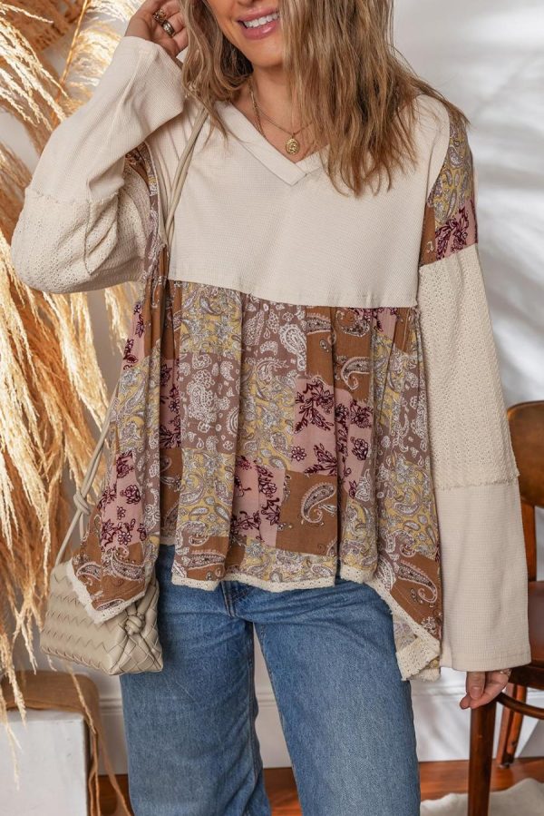 Women Long Sleeve Tops | Beige Paisley Ethnic Print Waffle Patchwork Long Sleeve Loose Top - Image 2