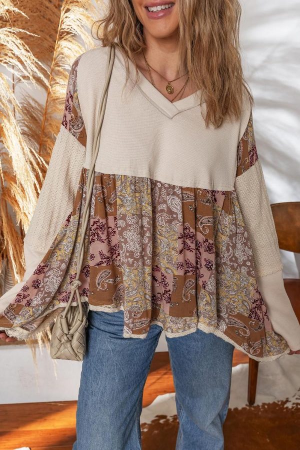 Women Long Sleeve Tops | Beige Paisley Ethnic Print Waffle Patchwork Long Sleeve Loose Top - Image 3