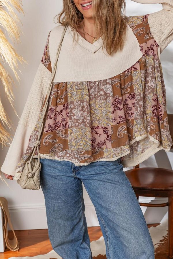Women Long Sleeve Tops | Beige Paisley Ethnic Print Waffle Patchwork Long Sleeve Loose Top - Image 4