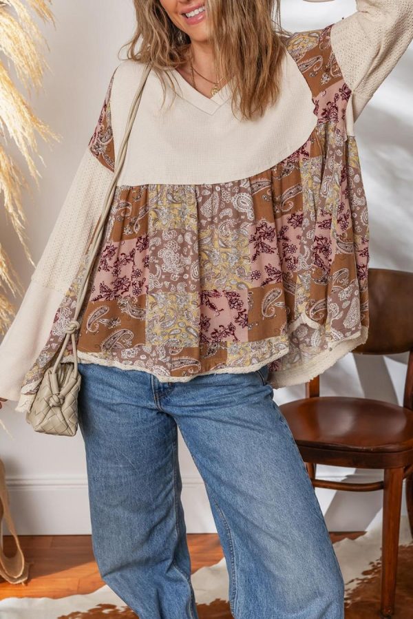 Women Long Sleeve Tops | Beige Paisley Ethnic Print Waffle Patchwork Long Sleeve Loose Top - Image 5