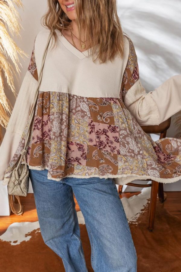 Women Long Sleeve Tops | Beige Paisley Ethnic Print Waffle Patchwork Long Sleeve Loose Top - Image 6