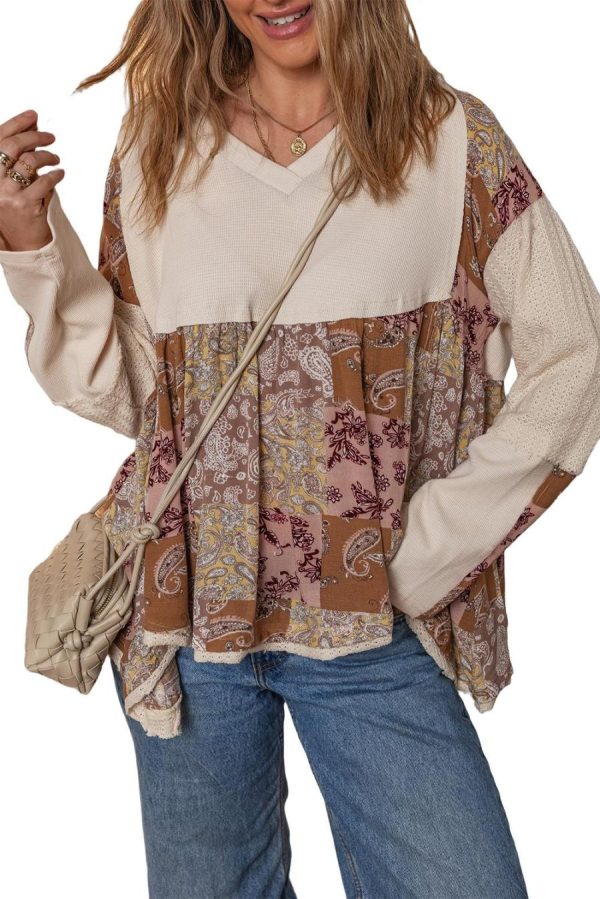 Women Long Sleeve Tops | Beige Paisley Ethnic Print Waffle Patchwork Long Sleeve Loose Top - Image 7
