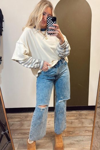 Women Long Sleeve Tops | Beige Striped Patchwork Two-In-One Long Sleeve Top