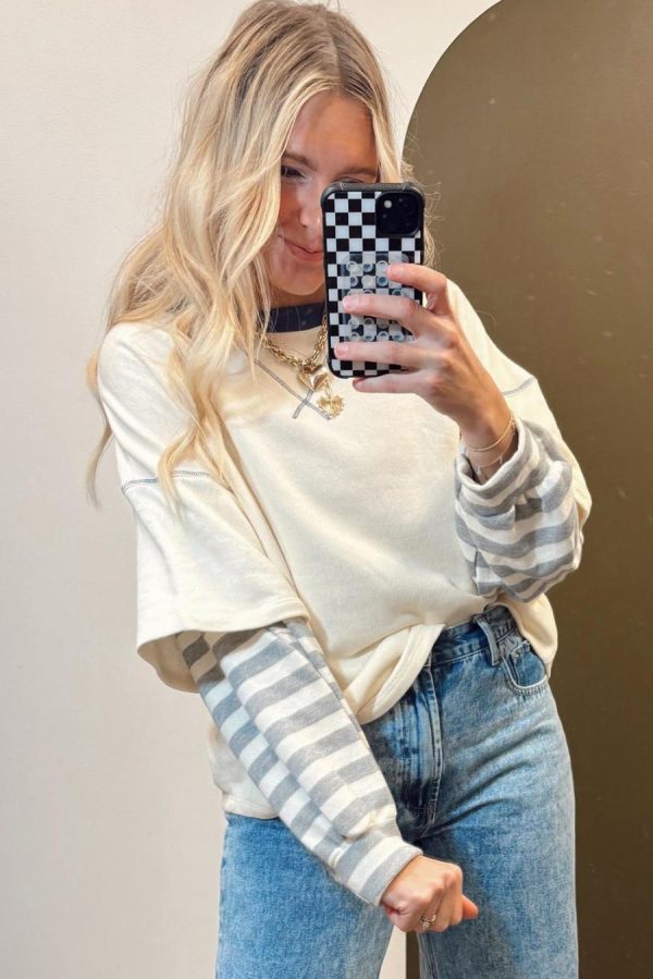 Women Long Sleeve Tops | Beige Striped Patchwork Two-In-One Long Sleeve Top - Image 2