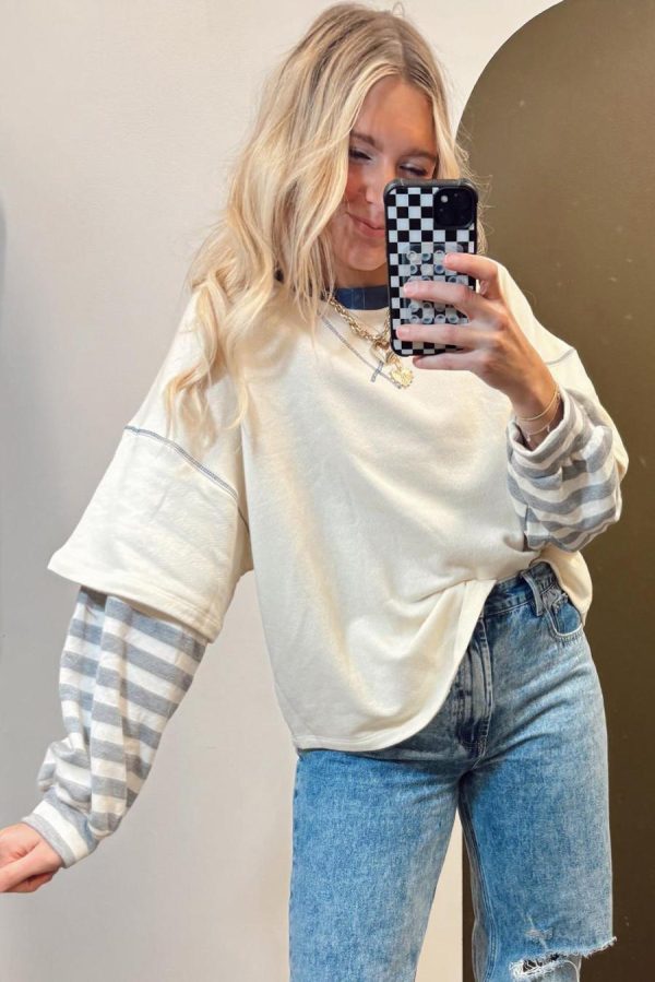 Women Long Sleeve Tops | Beige Striped Patchwork Two-In-One Long Sleeve Top - Image 3