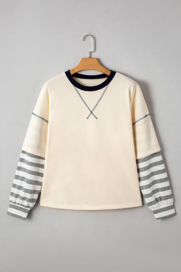 Women Long Sleeve Tops | Beige Striped Patchwork Two-In-One Long Sleeve Top - Image 4