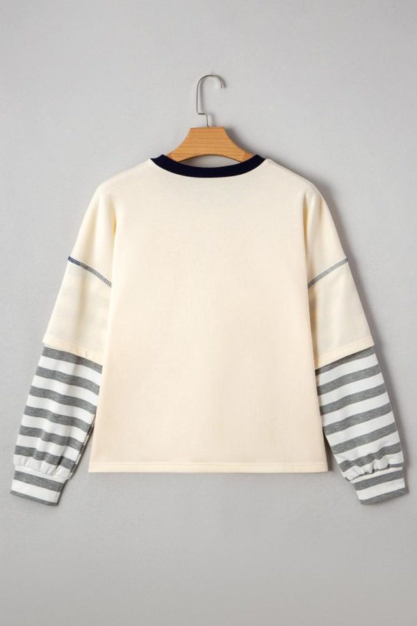 Women Long Sleeve Tops | Beige Striped Patchwork Two-In-One Long Sleeve Top - Image 5