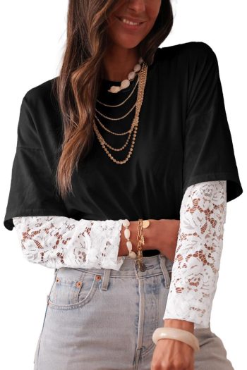 Women Long Sleeve Tops | Black Fake Two-Piece Lace Long Sleeve Drop Shoulder Tee