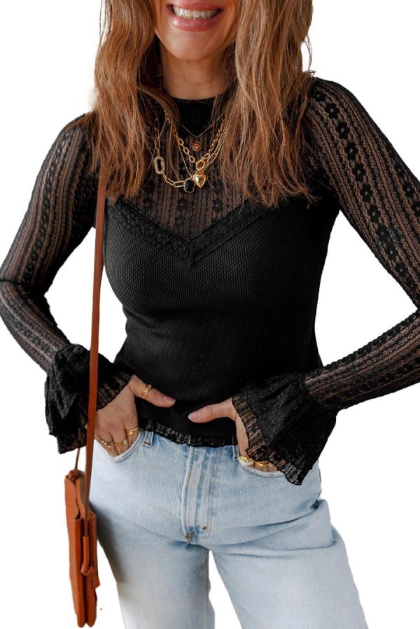 Women Long Sleeve Tops | Black Floral Lace Patchwork Flounce Sleeve Slim Fit Top - Image 7