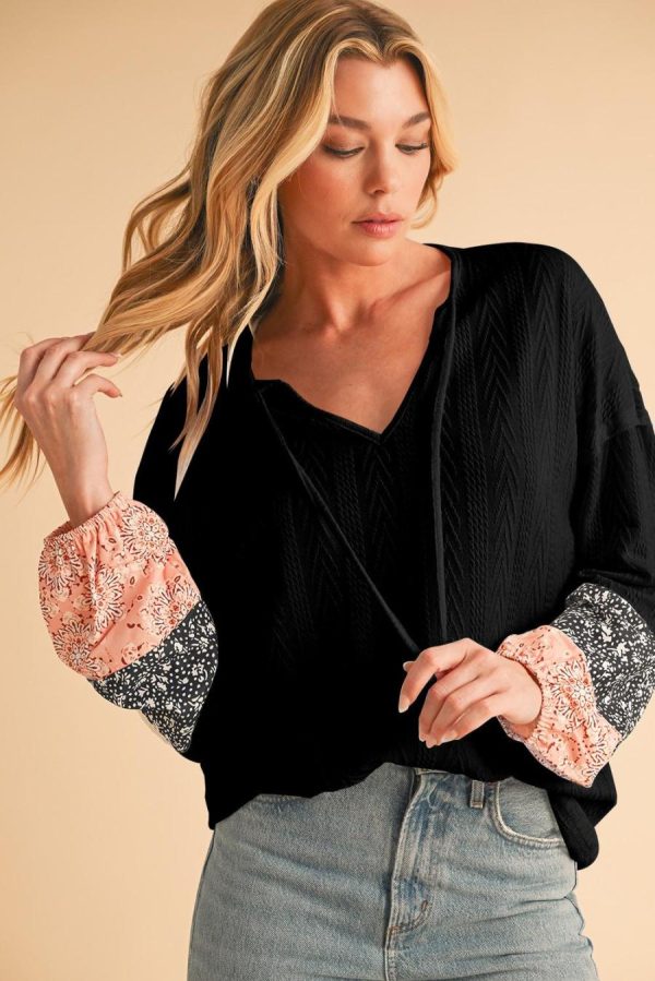 Women Long Sleeve Tops | Black Floral Patchwork Textured Drawstring V Neck Top - Image 2