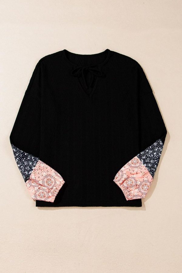 Women Long Sleeve Tops | Black Floral Patchwork Textured Drawstring V Neck Top - Image 3