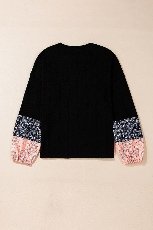 Women Long Sleeve Tops | Black Floral Patchwork Textured Drawstring V Neck Top - Image 4