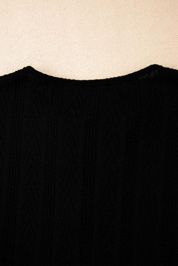 Women Long Sleeve Tops | Black Floral Patchwork Textured Drawstring V Neck Top - Image 5