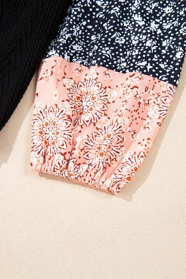Women Long Sleeve Tops | Black Floral Patchwork Textured Drawstring V Neck Top - Image 6
