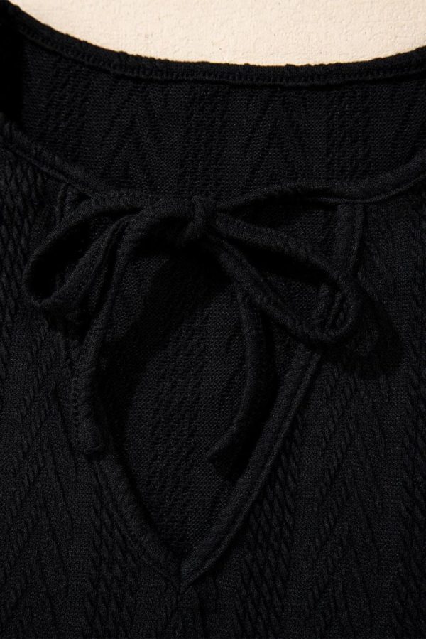 Women Long Sleeve Tops | Black Floral Patchwork Textured Drawstring V Neck Top - Image 7
