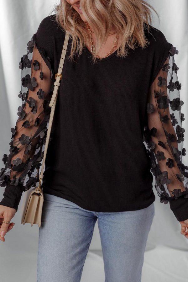 Women Long Sleeve Tops | Black Flower Applique Mesh Long Sleeve V Neck Top - Image 3