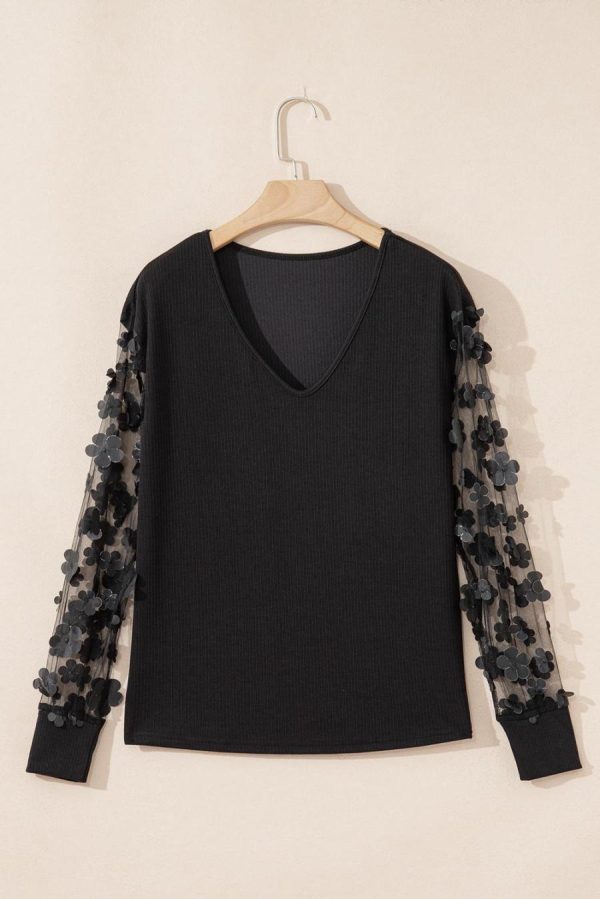 Women Long Sleeve Tops | Black Flower Applique Mesh Long Sleeve V Neck Top - Image 4