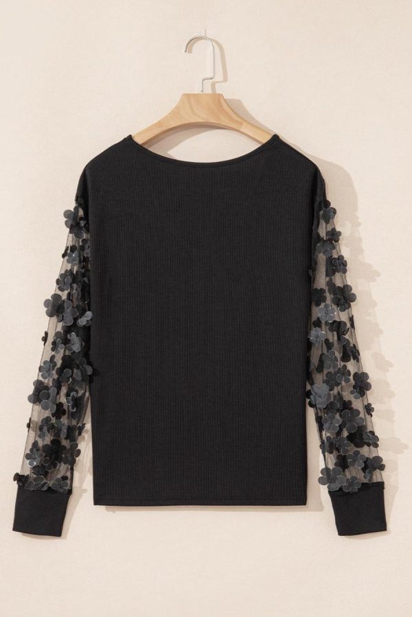 Women Long Sleeve Tops | Black Flower Applique Mesh Long Sleeve V Neck Top - Image 5