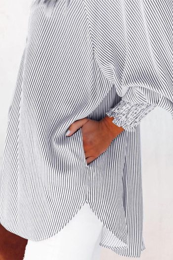 Women Long Sleeve Tops | Black Striped Casual Shirred Cuffs Shirt