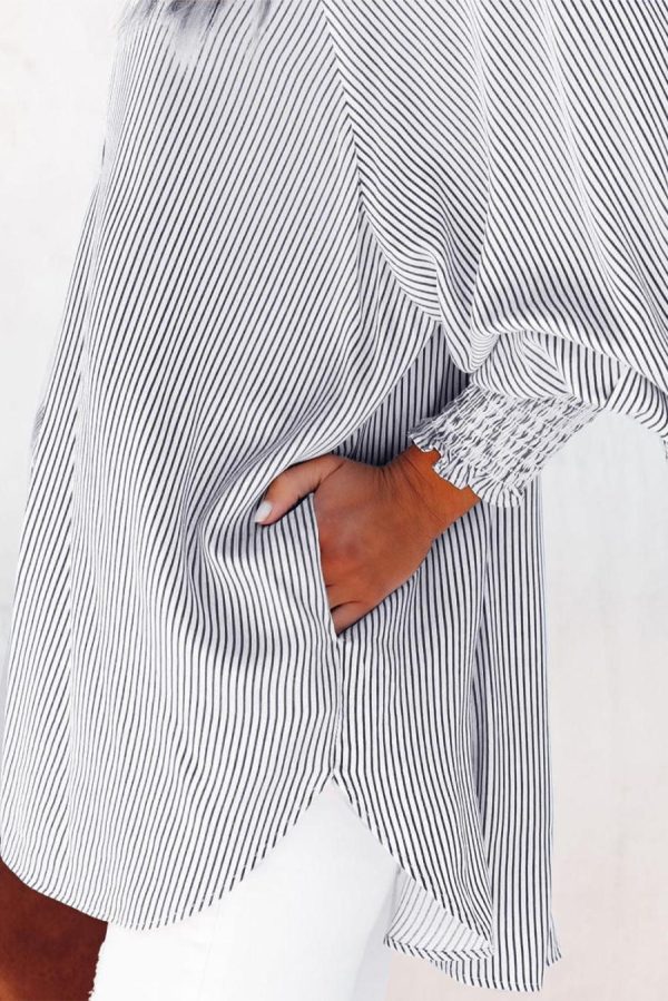 Women Long Sleeve Tops | Black Striped Casual Shirred Cuffs Shirt